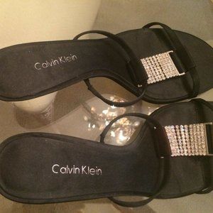 Gorgeous Calvin Klein Kitten Heel Rhinestone Bling Slip On Black Sandals Sz 6.5